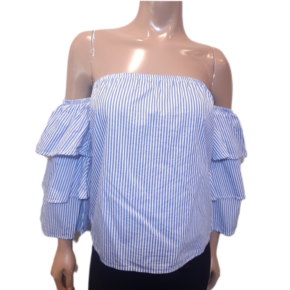 DIZZY LIZZY Strapless Striped Blouse Off Shoulder Ruffled Blue White Small Top